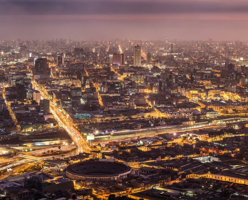 Panoramic view of Lima city from San Cristobal hill to the down town at night.